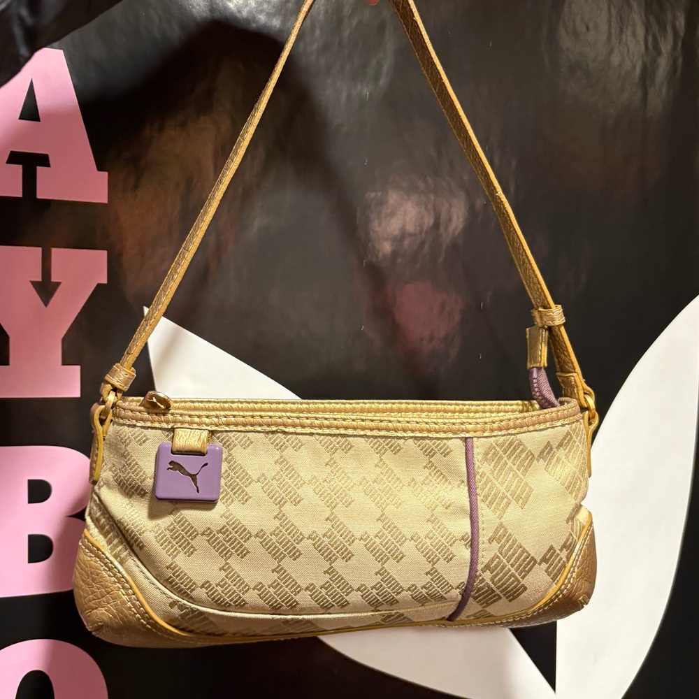 Vintage Puma Y2K Mini Shoulder Bag • Beige & Gold • Logo Print